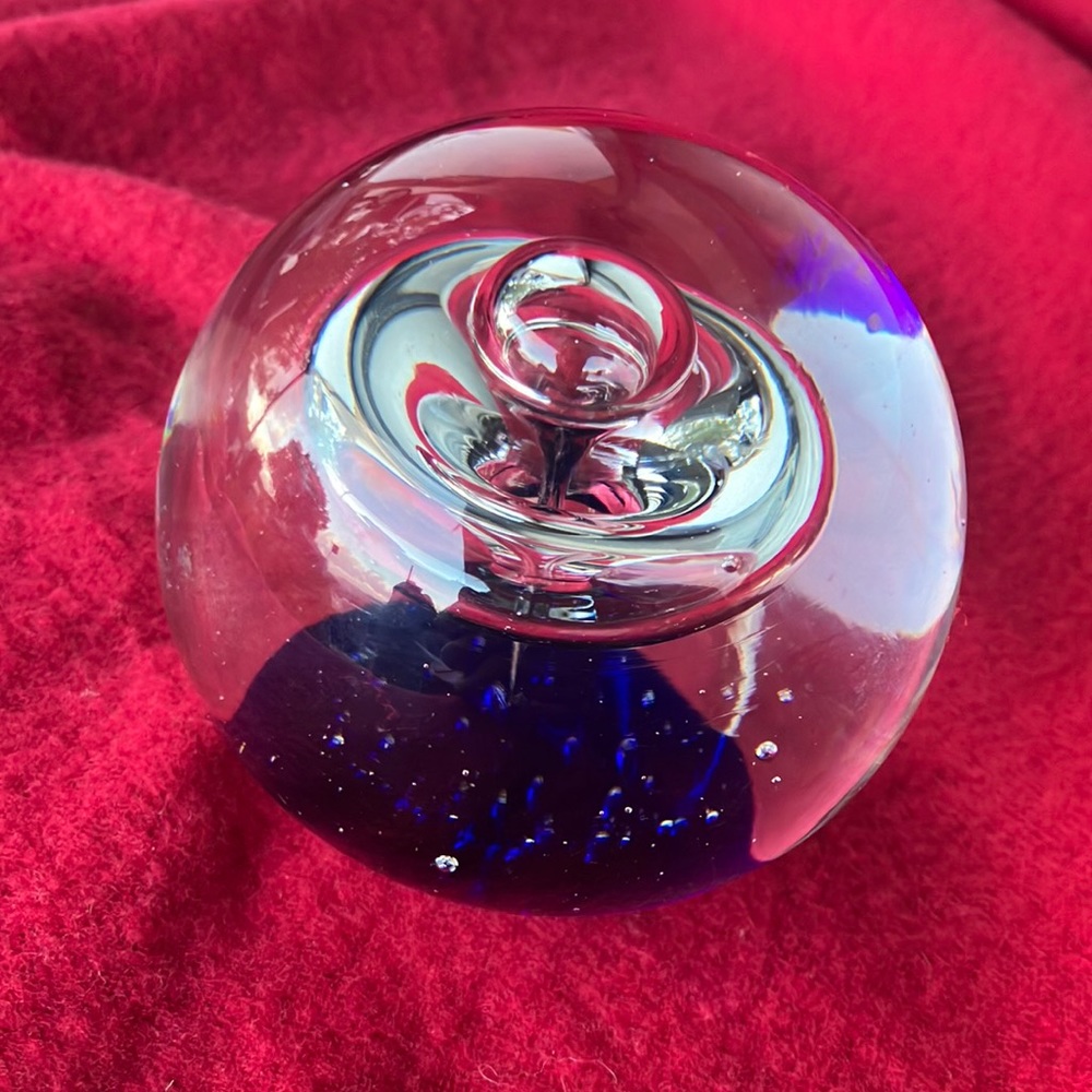 Clear Glass and Cobalt Blue Paperweight Ball